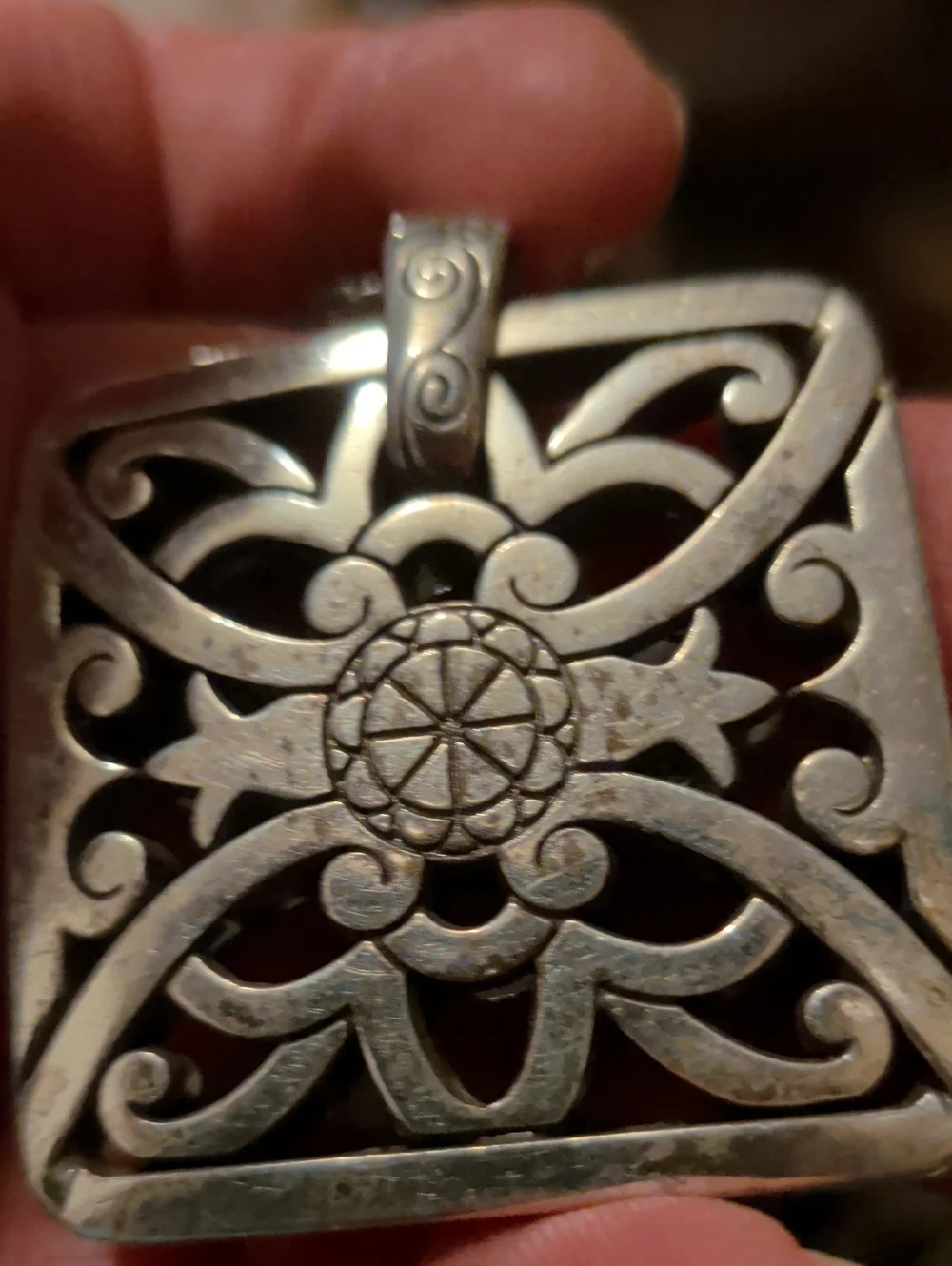 Sterling-Color Filigree Square Pendant Necklace with Clear Crystal Accent